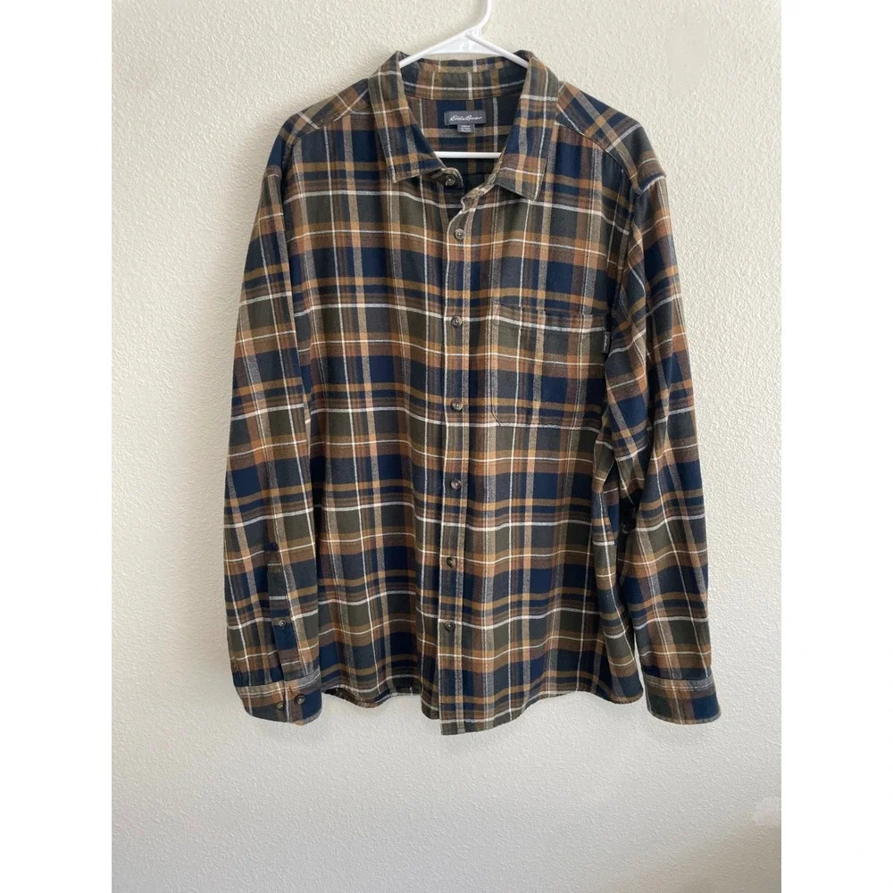 Eddie Bauer Mens XXL Flannel Shirt Brown Plaid Excellent Long Sleeve Cotton